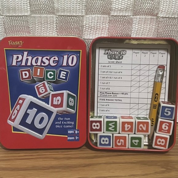 Fundex Games Phase Dice Game Red Tin Box Fundex Score Sheets Poshmark